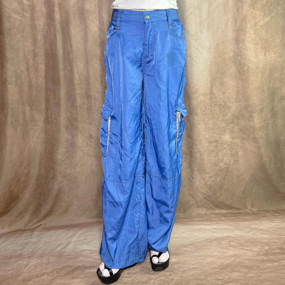 Vintage 90s Kik Girl K Glow Raver Pants Blue Baggy Cargo Wide Leg Streetwear Y2K